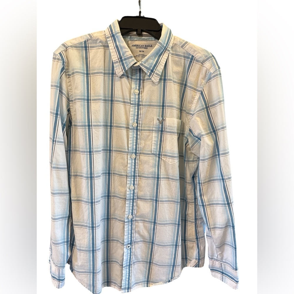 American Eagle Outfitters Men's Light Blue and White Plaid Shirt